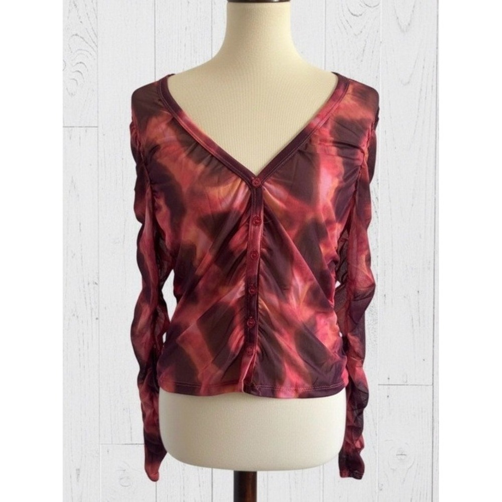 New York & Company Floral Mesh Blurry Burgundy Long Sleeve Button Top Size Large